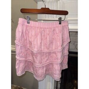 Allison New York PINK Embroidered Tiered Ruffle Lace Mini Skirt Medium M